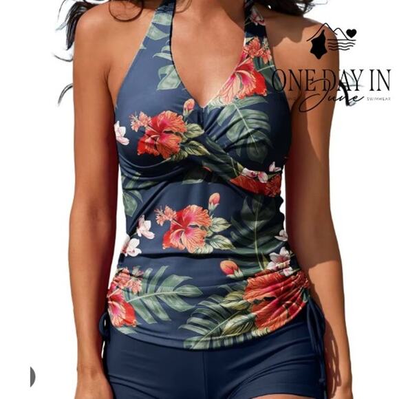 CharmLeaks Tropical Halter Boy Short Tankini Swimsuit Size L - Picture 1 of 4